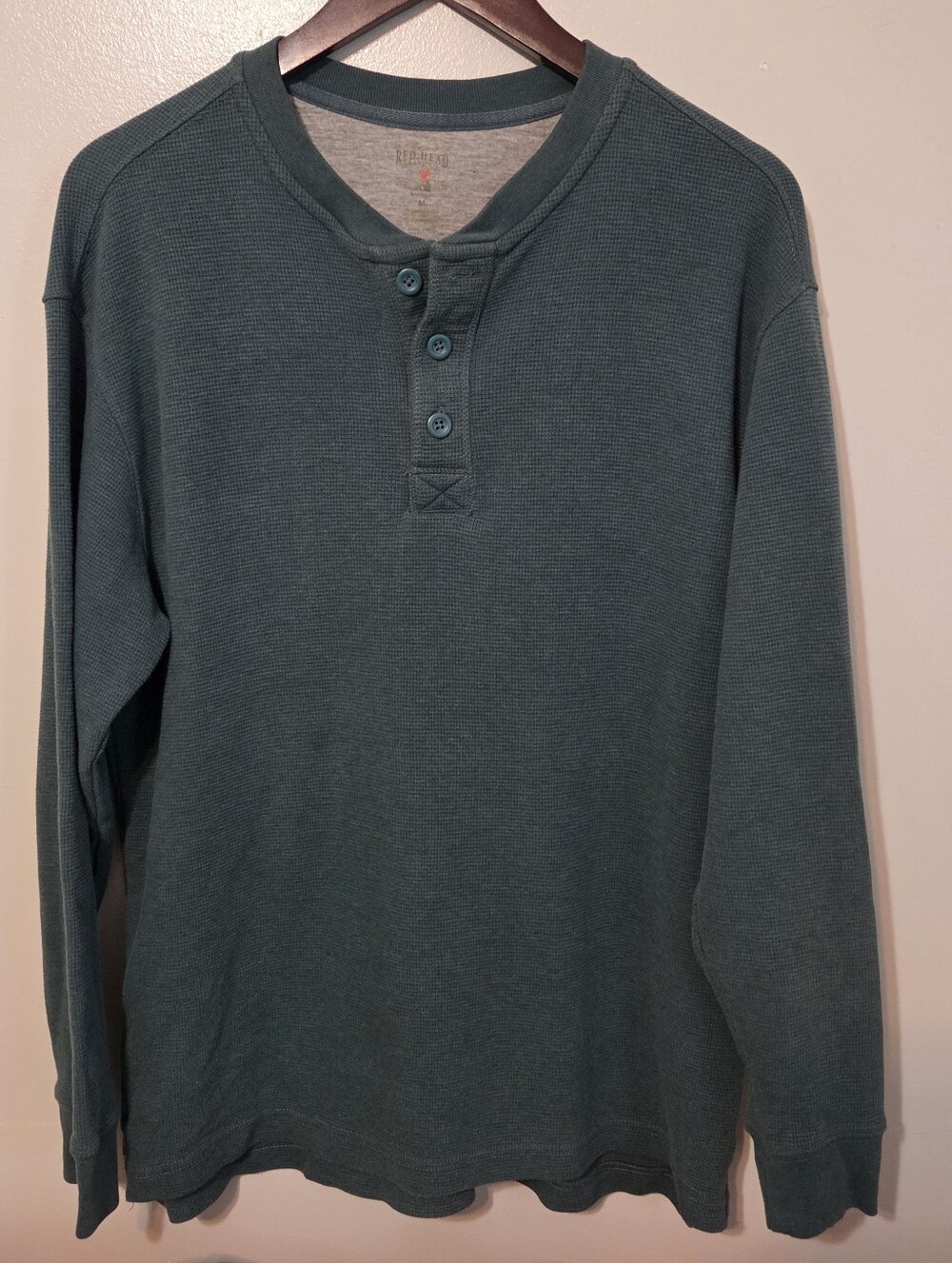 Red Head Dark Green Long-Sleeve Thermal Henley Shirt Waffle Knit Size M